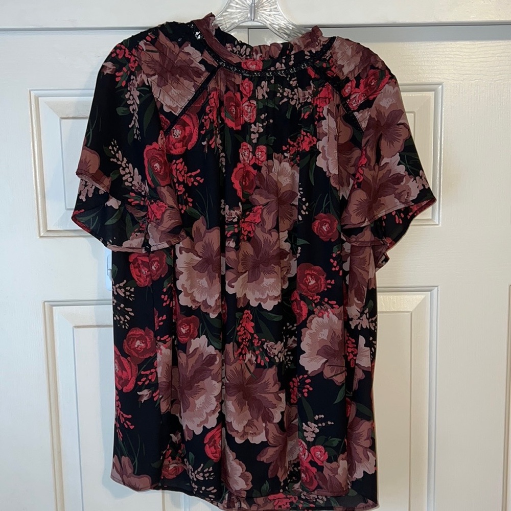 Black floral mock neck blouse